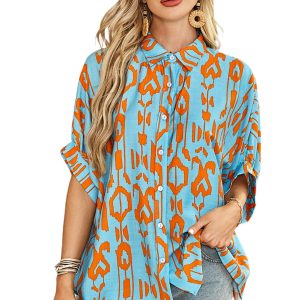 Women's Sky Blue Abstract Print Dolman Short Sleeve Western Shirt - Main View