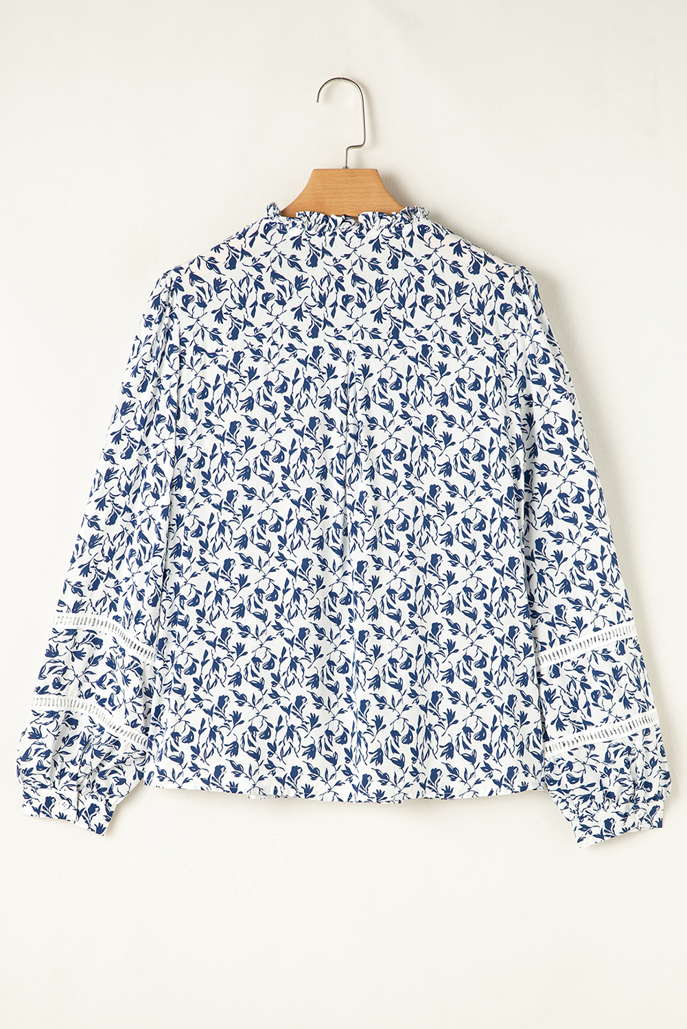 Elegant Fall Shirt for Women - Blue Floral Design with Lace and Puff Sleeves - Detail View 6