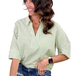Green Striped V-Neck Blouse for Women – Casual Half Sleeve Summer Shirt for Daily Wear - Main View