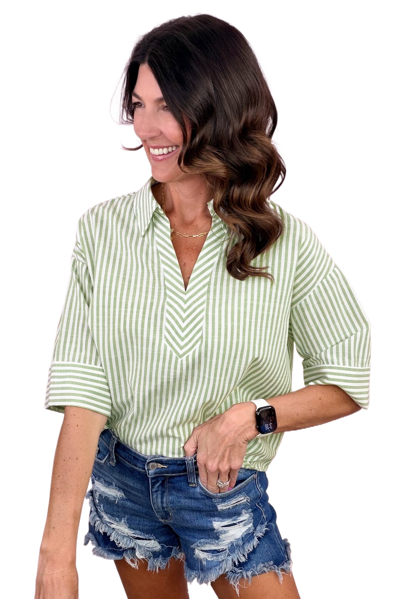 Green Striped V-Neck Blouse for Women – Casual Half Sleeve Summer Shirt for Daily Wear - Main View