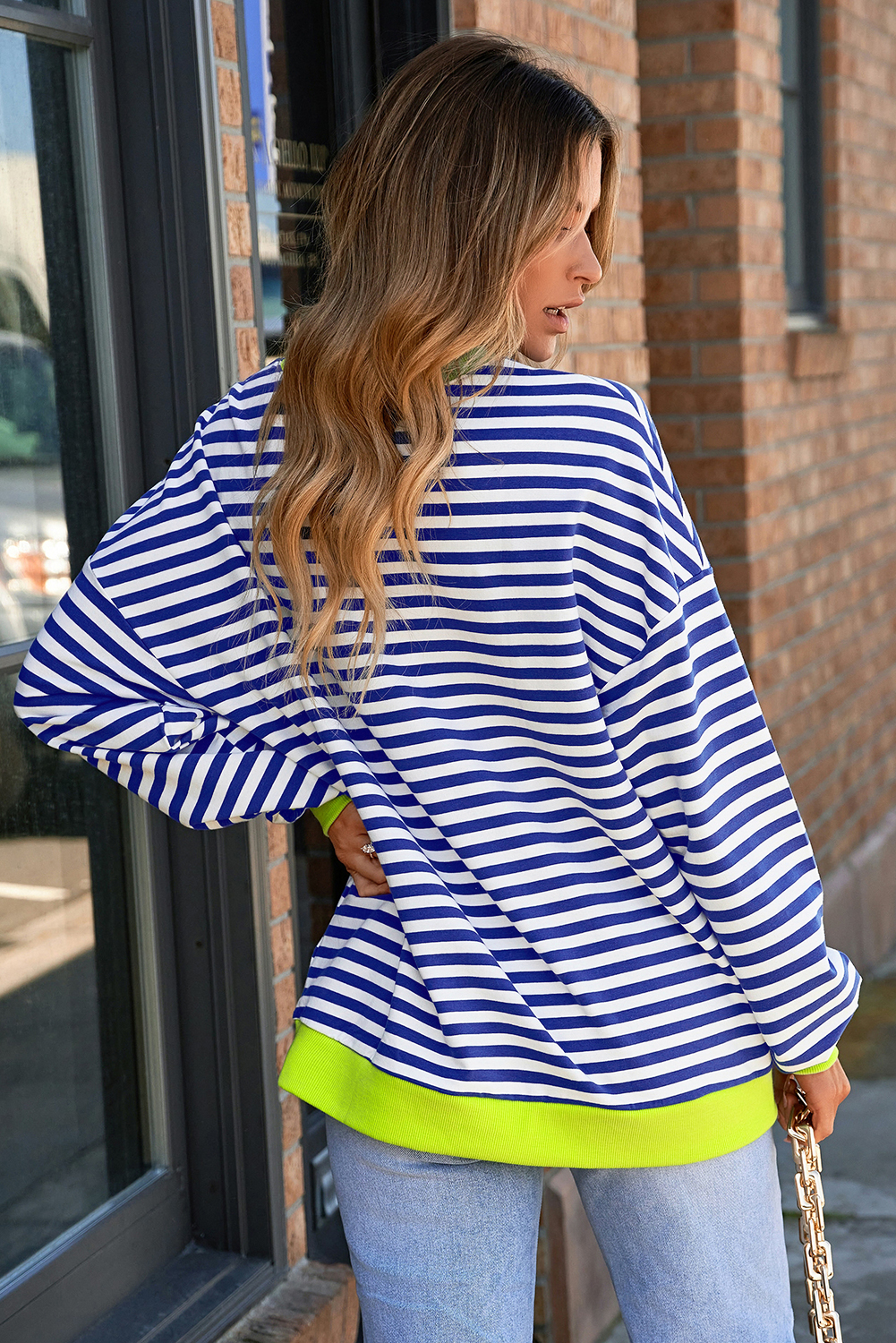 Casual Oversized Striped Sweatshirt with Long Sleeves - Sky Blue - Detail View 2