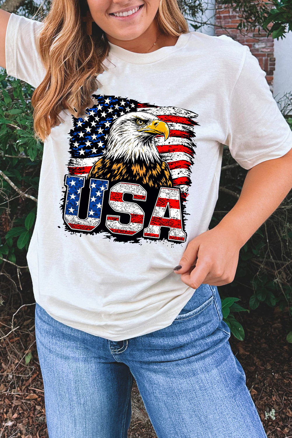 Women's White USA Flag Eagle Graphic T-Shirt for 4th of July Celebration - Detail View 5