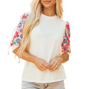 Chic Women's Beige Floral Puff Sleeve Patchwork Round Neck Top for Summer - Main View