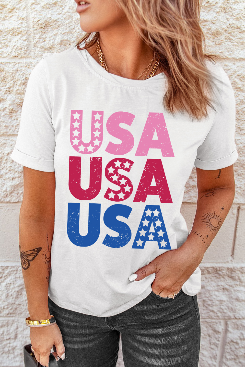 Women's White USA Starry Letter Graphic Cotton Blend T-Shirt for Summer - Detail View 9