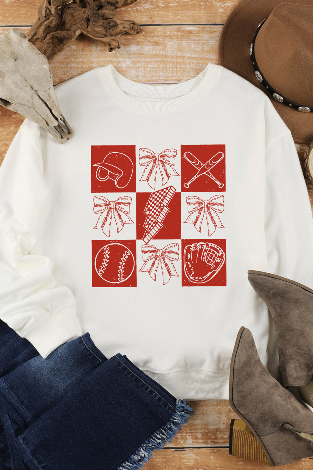 Casual Women's Long Sleeve Sweatshirt Featuring Baseballs and Bows Design - Detail View 3