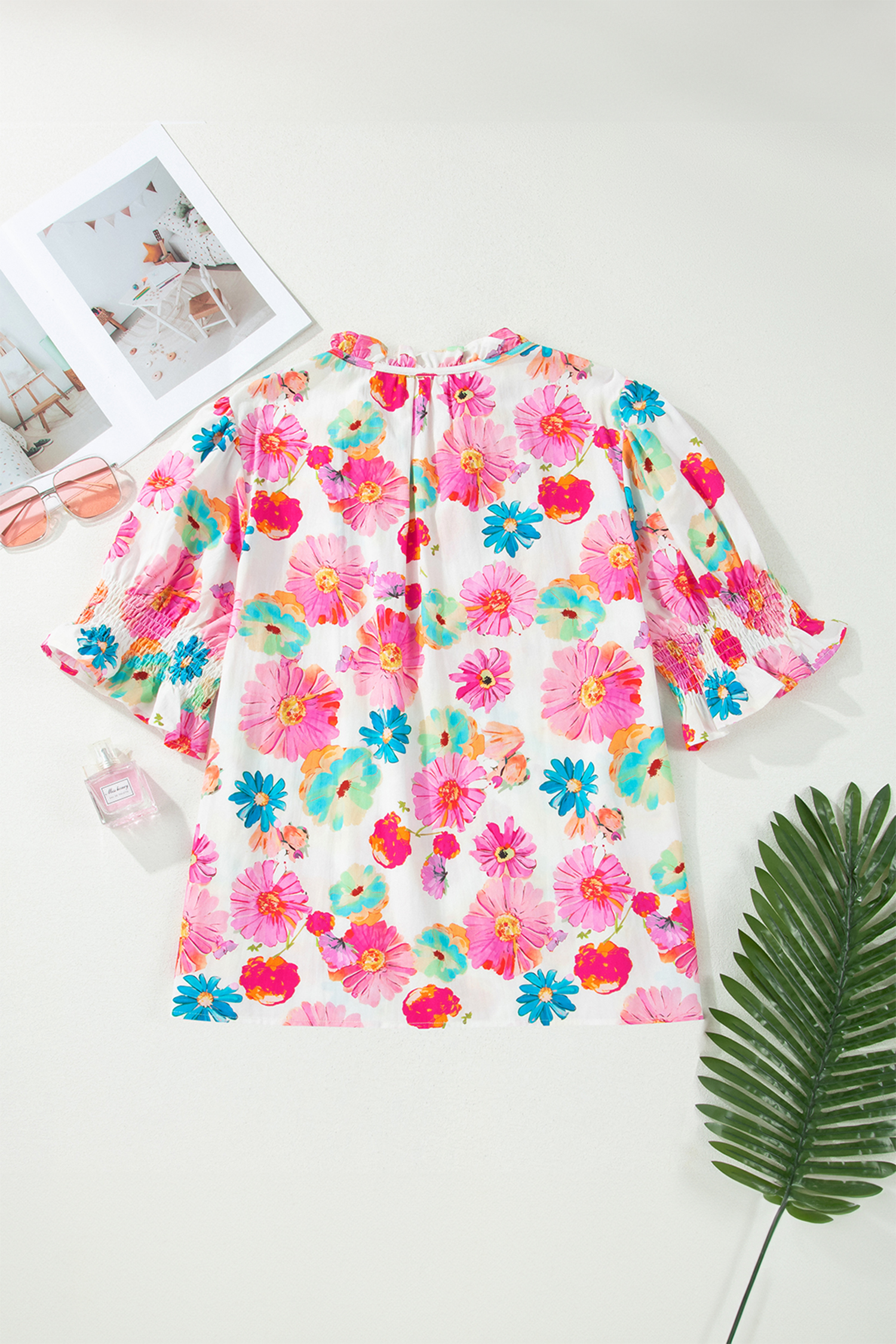 Southern Belle Pink Floral Print Blouse for Women – Summer Short Sleeve V-Neck Cotton Blend Top - Detail View 5