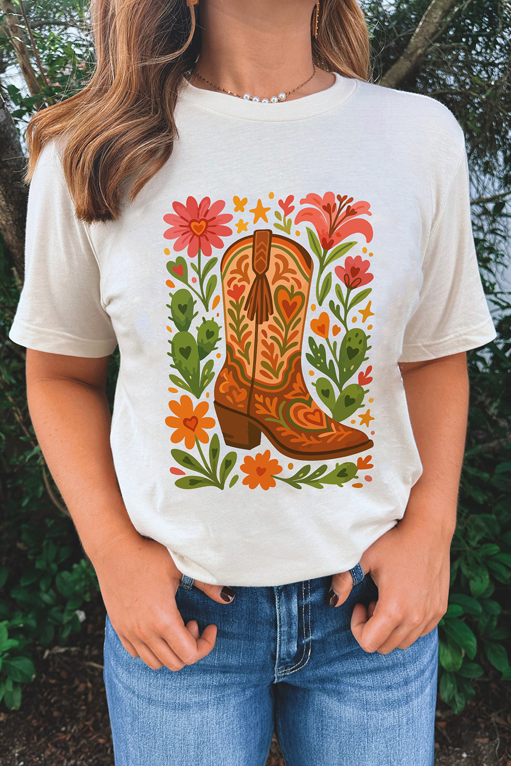 Women's White Western Floral Boots Printed Casual Cotton Blend T-Shirt - Detail View 5