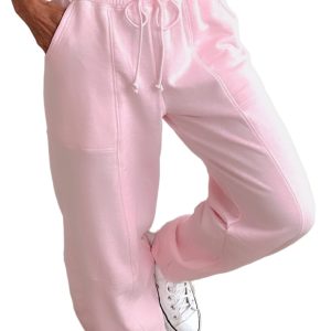 Women's Light Pink Patchwork Solid Color Jogger Pants with Drawstring Waist - Main View
