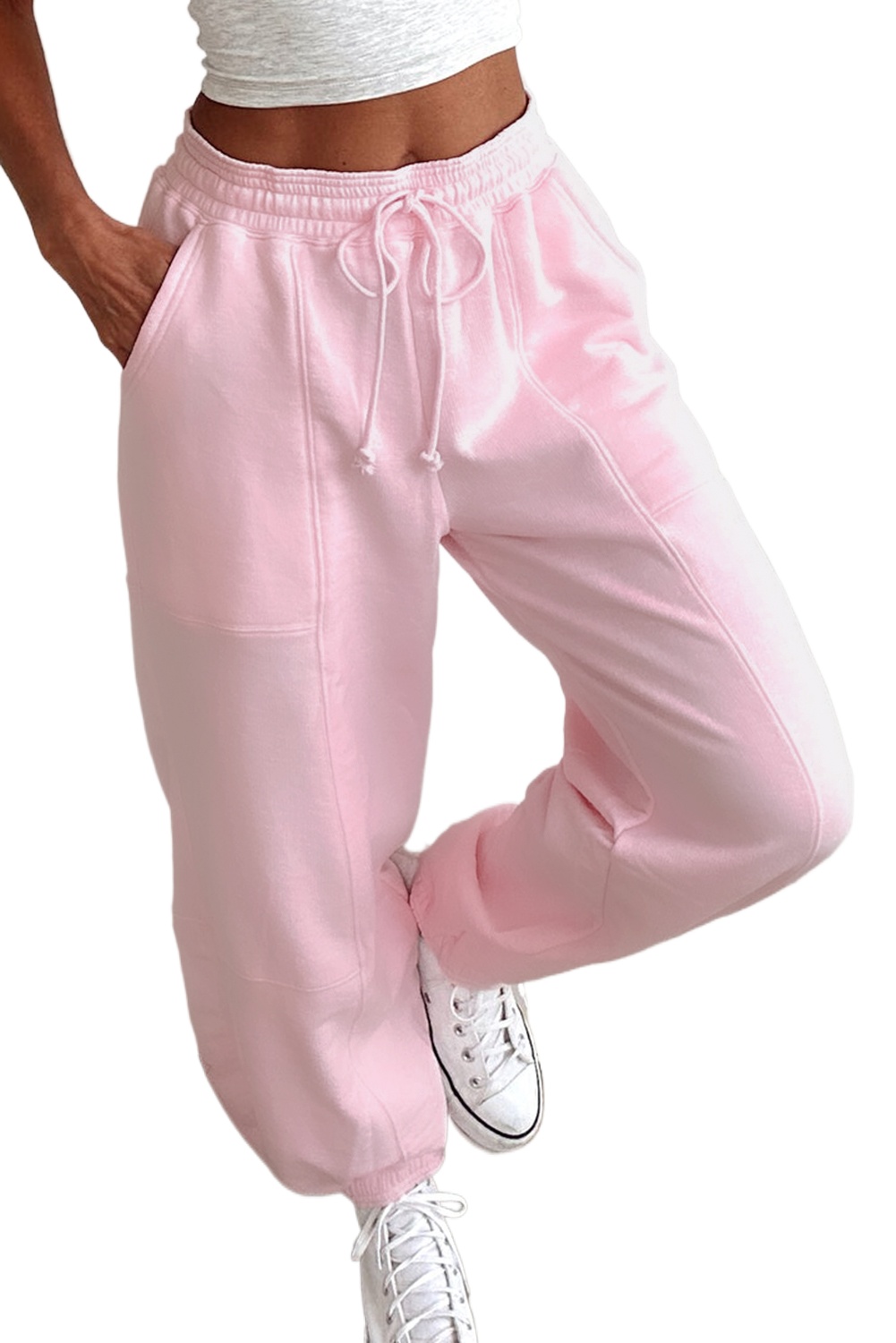 Women's Light Pink Patchwork Solid Color Jogger Pants with Drawstring Waist - Main View