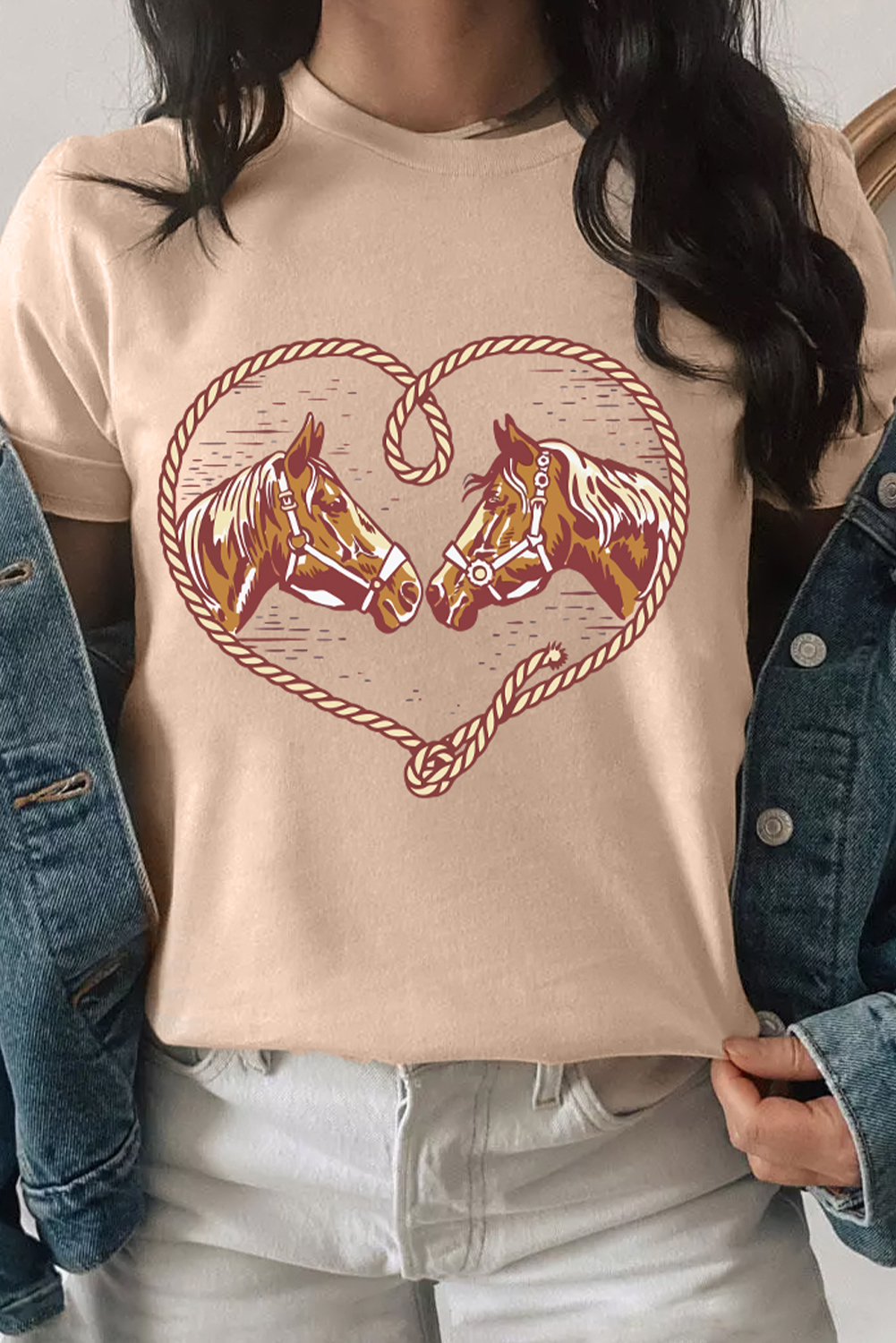Western Style Graphic Tee for Cowgirls - Khaki with Heart-Shaped Rope Design - Detail View 6