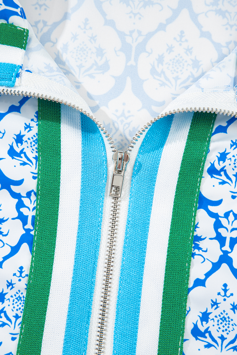Chic Sky Blue Blouse with Geometric Print and Half Zipper - Perfect for Daily Style - Detail View 6