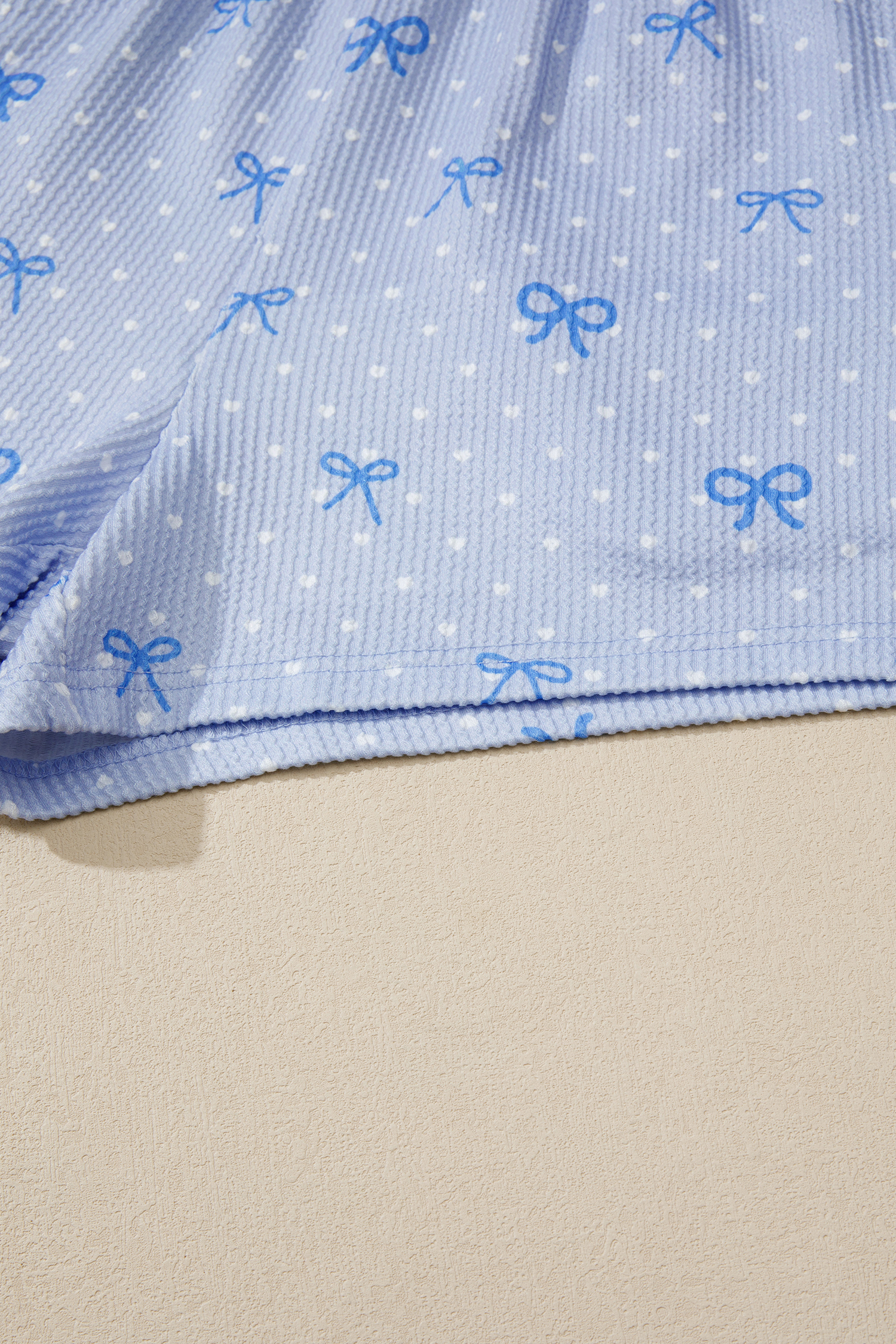 Casual Short Sleeve Ribbed Knit Set for Women - Sky Blue Heart Print Top and Shorts - Detail View 11