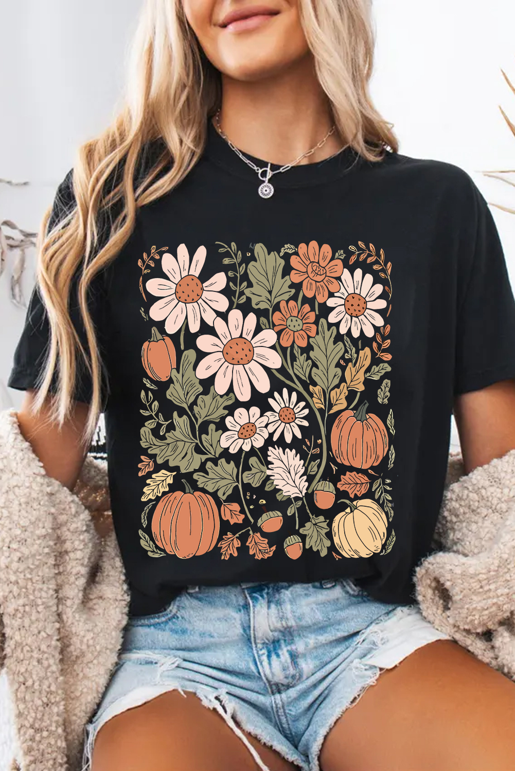 Casual Black Tee with Floral Pumpkin Print - Perfect for Thanksgiving - Detail View 6