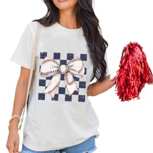 Women's White Checkered Rugby Bowknot Graphic Crew T-Shirt for Casual Style - Main View
