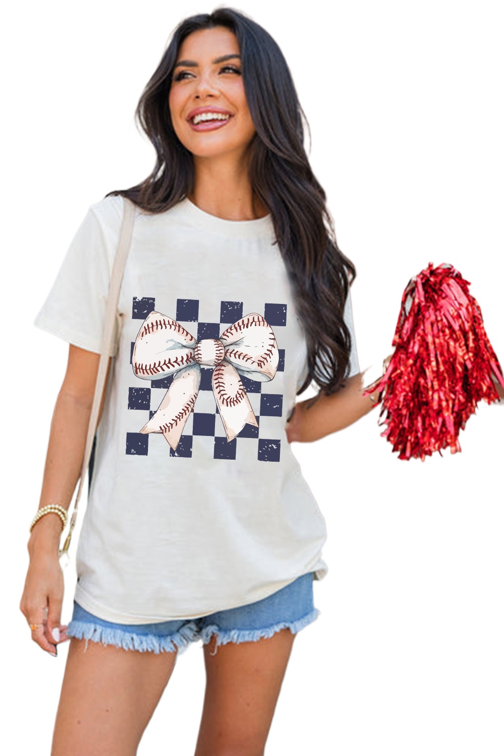 Women's White Checkered Rugby Bowknot Graphic Crew T-Shirt for Casual Style - Main View