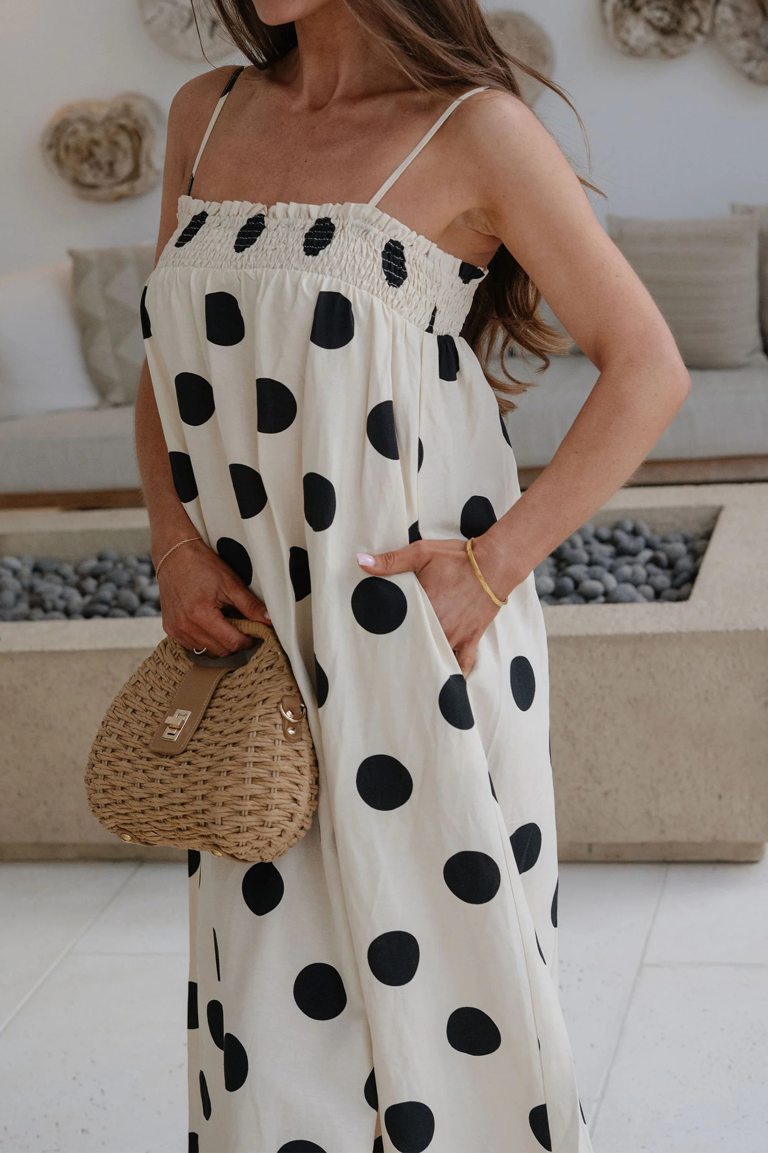 Chic Women's White Polka Dot Maxi Dress – Southern Belle Style, 100% Polyester Summer Gift - Detail View 6