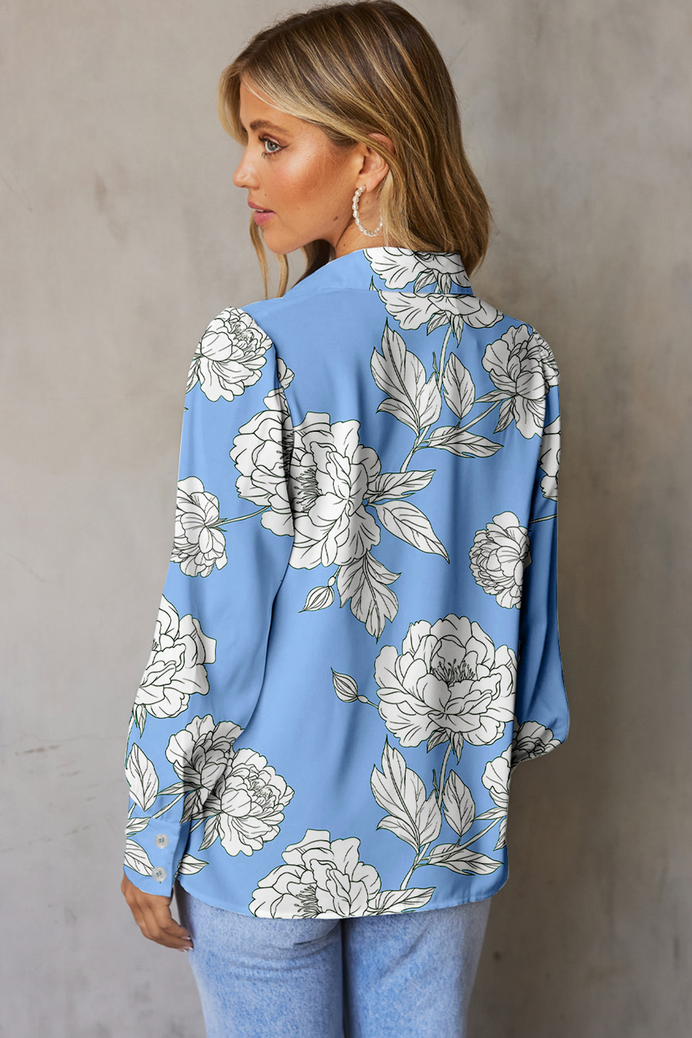Elegant Long Sleeve Sky Blue Floral Shirt - Relaxed Fit with Puff Sleeves - Detail View 2