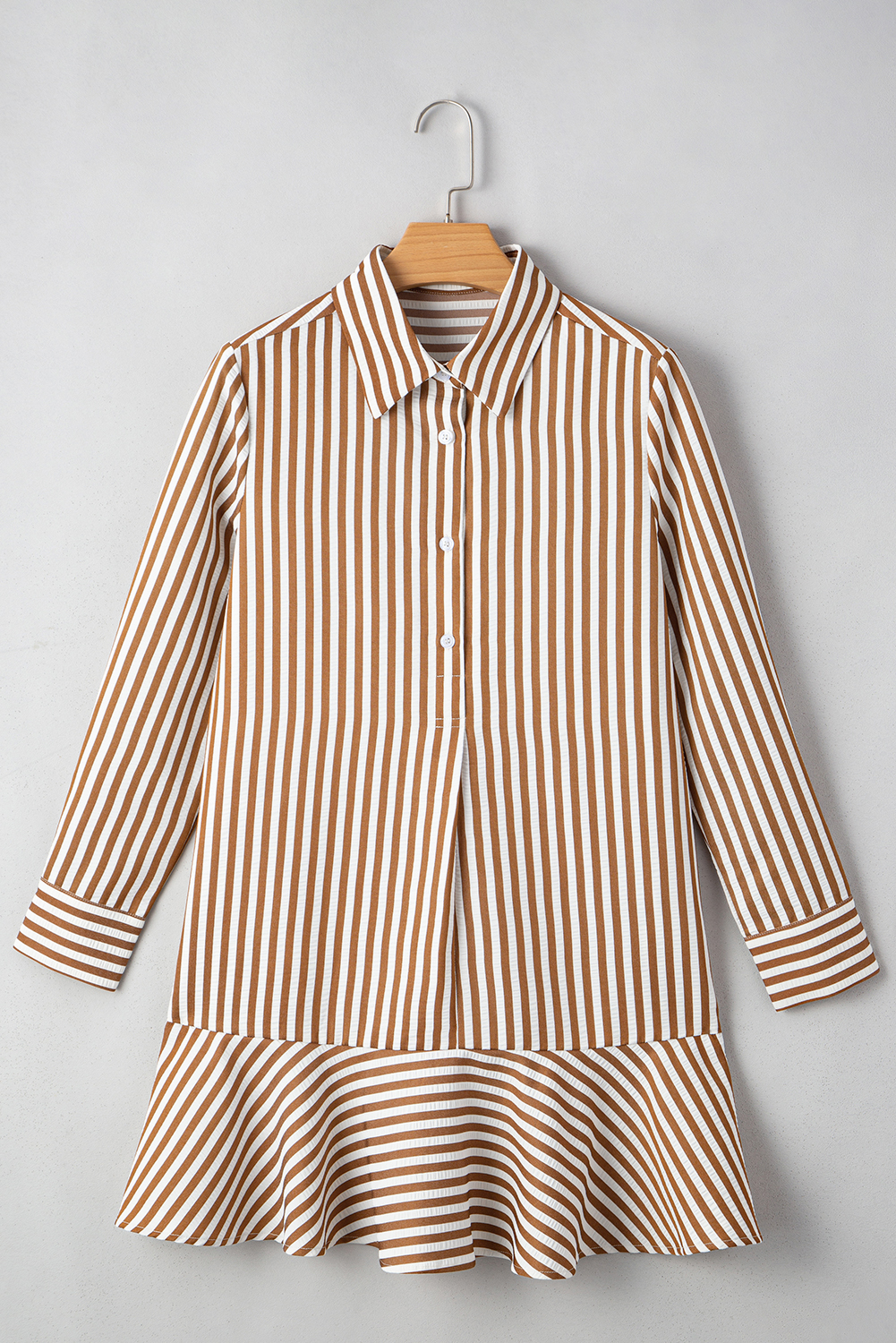 Women's Brown Stripe Ruffled Hem Collared Long Sleeve Shirt Mini Dress - Chic and Casual Style - Detail View 5