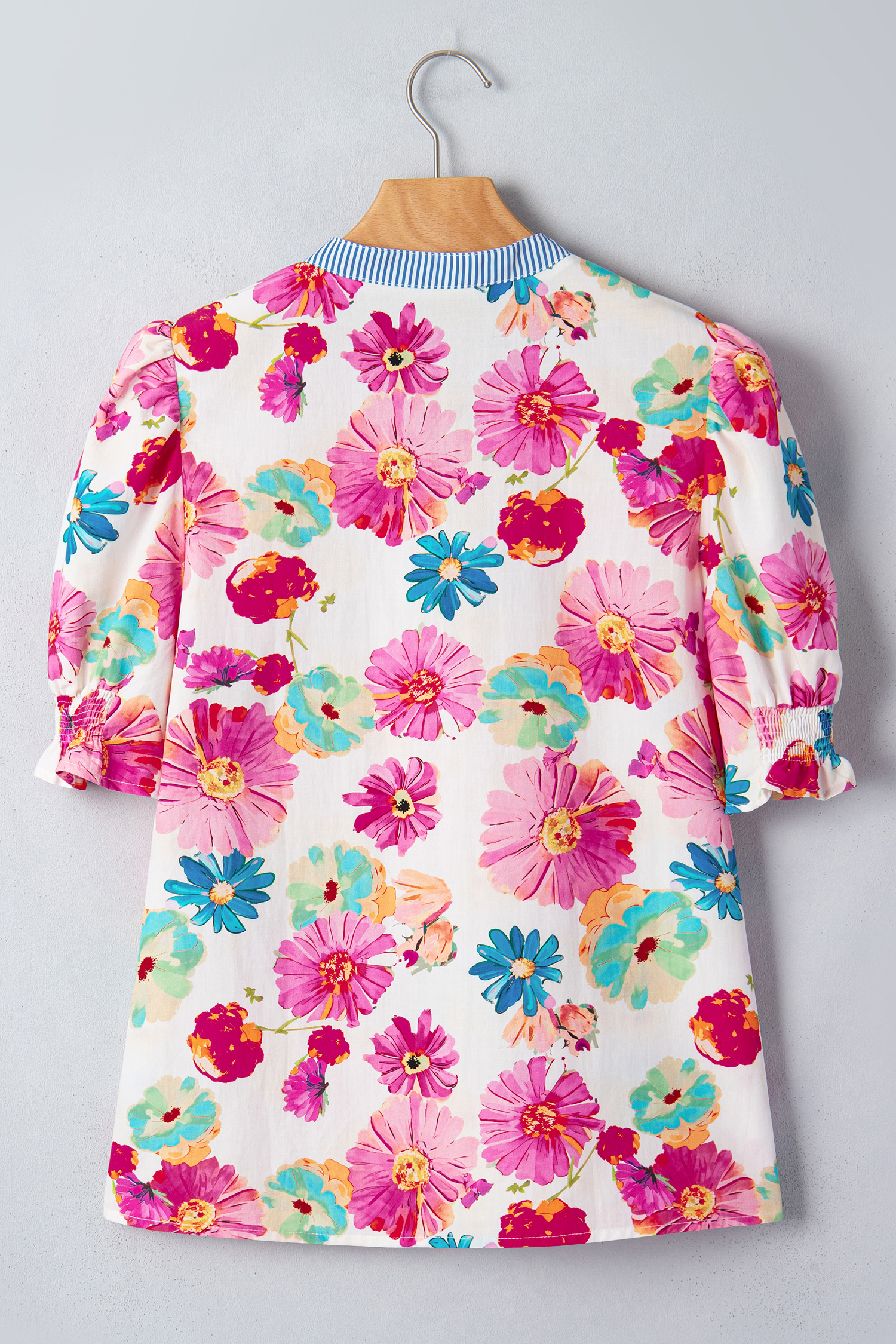 Southern Belle Floral Blouse for Women – Striped Trim V-Neck - Detail View 5