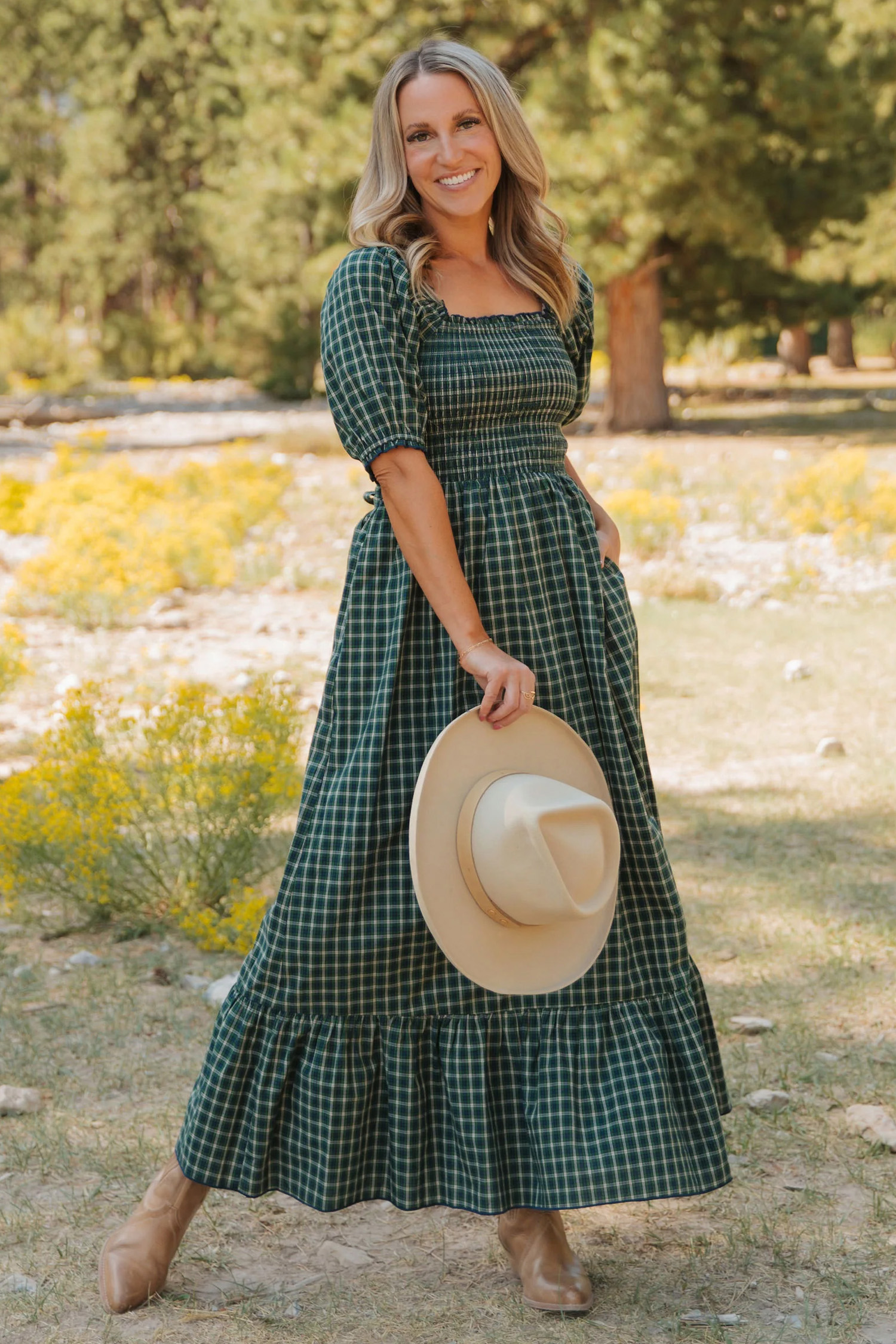 Women's Green Plaid Smocked Dress – Casual Square Neck Maxi - Detail View 16