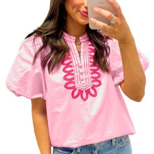 Women's Pink Embroidered Cotton Blouse – Boho Puff Sleeve Top - Main View