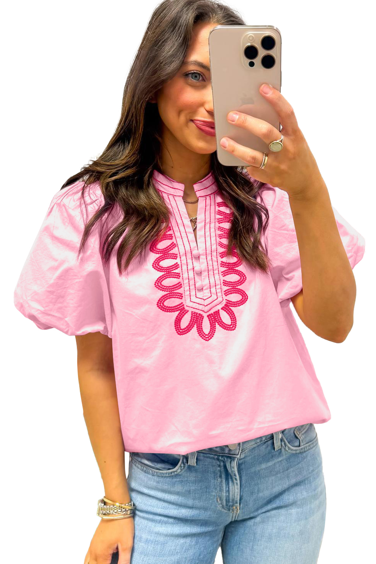 Women's Pink Embroidered Cotton Blouse – Boho Puff Sleeve Top - Main View