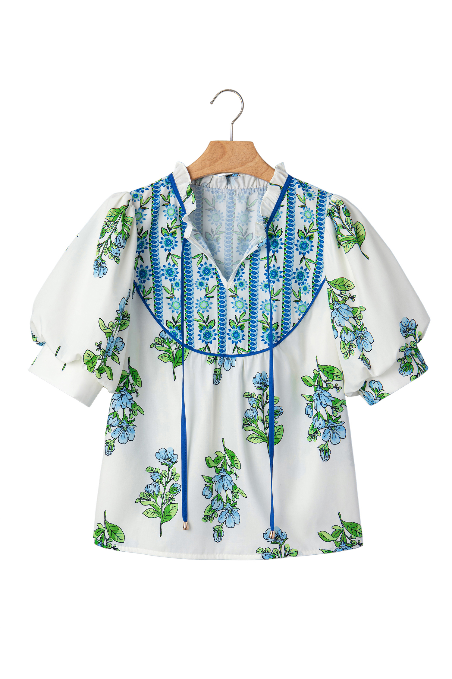 White Floral Print Women's Blouse – Southern Belle Puff Sleeve V-Neck Top for Summer & Daily Wear - Detail View 6