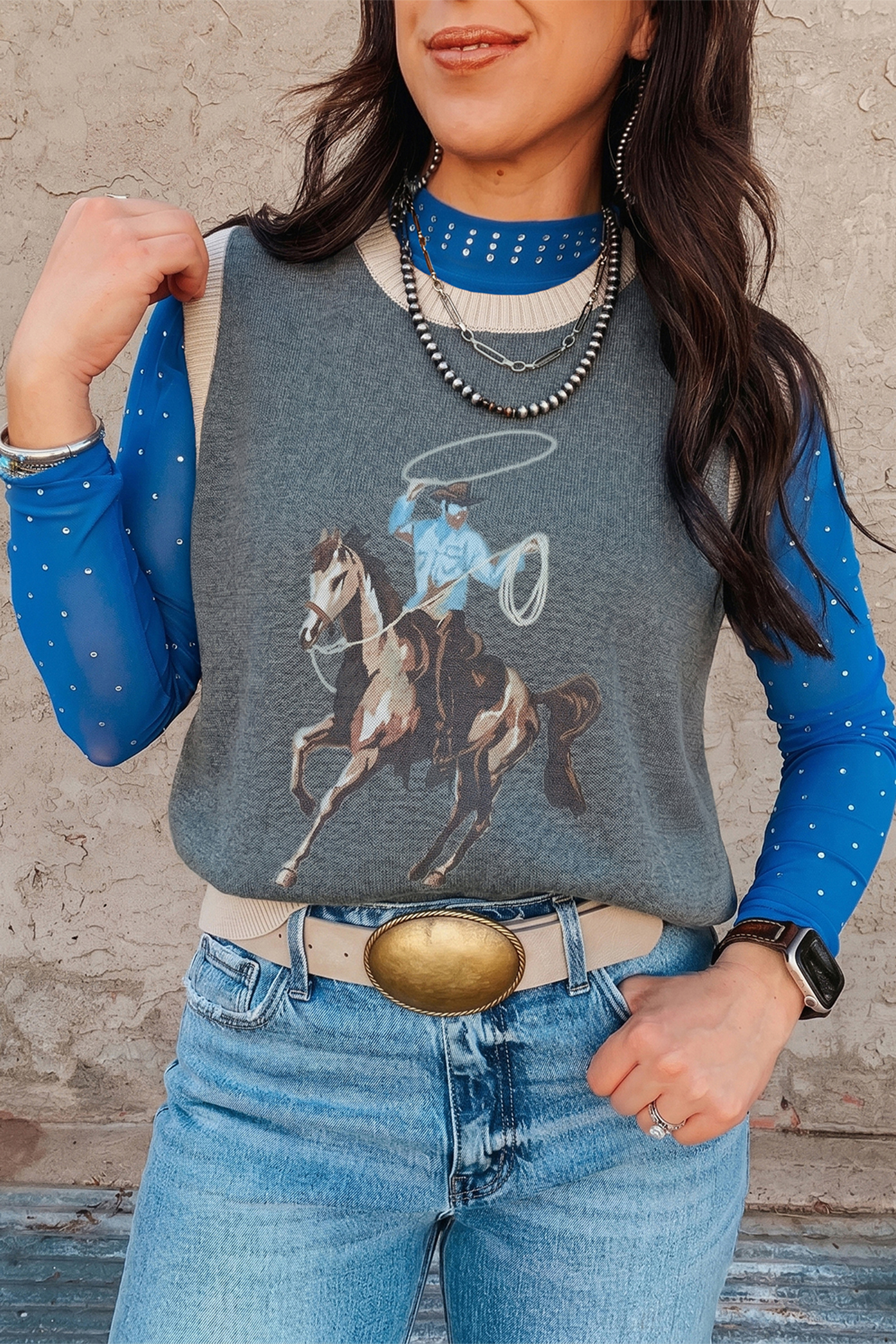 Women's Sleeveless Colorblock Knit Vest – Western Print - Detail View 6