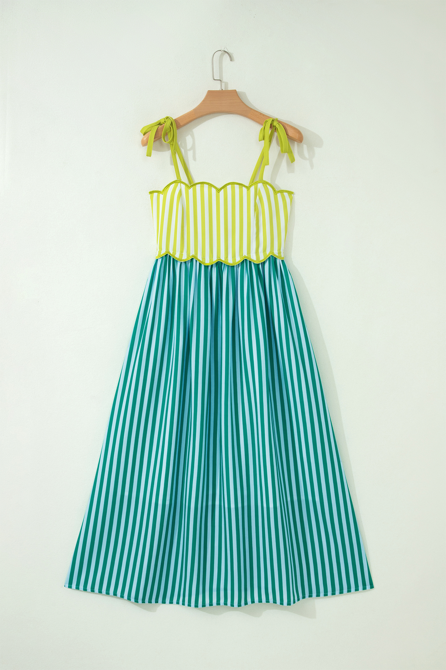 Women's Tie Strap A-Line Dress – Casual Green Stripe Midi - Detail View 5
