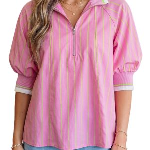 Women's Pink Striped V-Neck Blouse – Casual Half Sleeve Shift Top with Zipper Detail - Main View