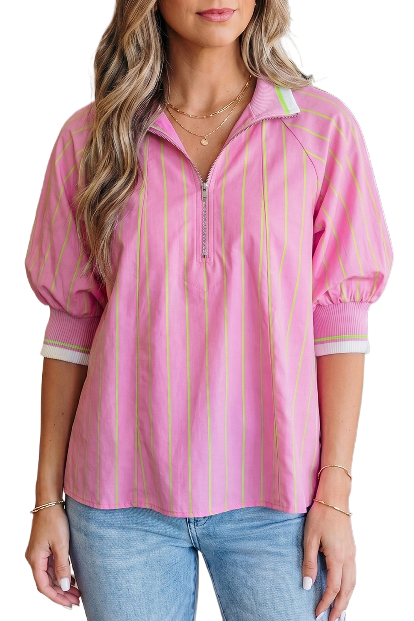 Women's Pink Striped V-Neck Blouse – Casual Half Sleeve Shift Top with Zipper Detail - Main View