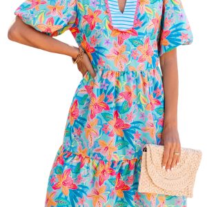 Women's Multicolour Floral Print Dress – Scallop Striped Trim V Neck Summer Vacation Dress - Main View