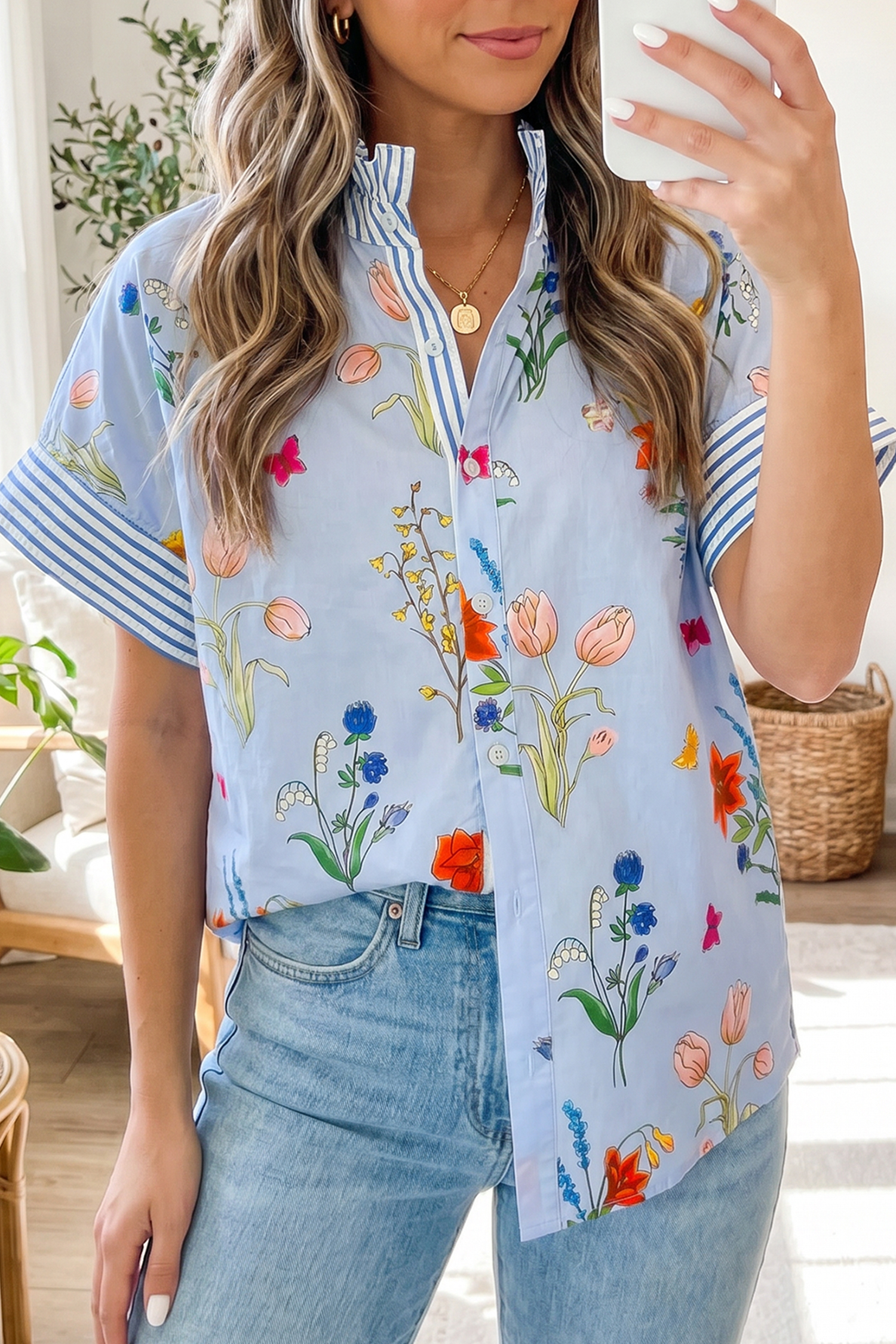 Chic Women's Sky Blue Floral Blouse – Ruffled Collar Short Sleeve Top, Thoughtful Gift for Her - Detail View 3