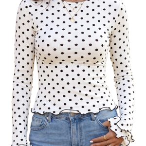 Women's Polka Dot Lettuce Trim Top – Slim Long Sleeve Tee - Main View