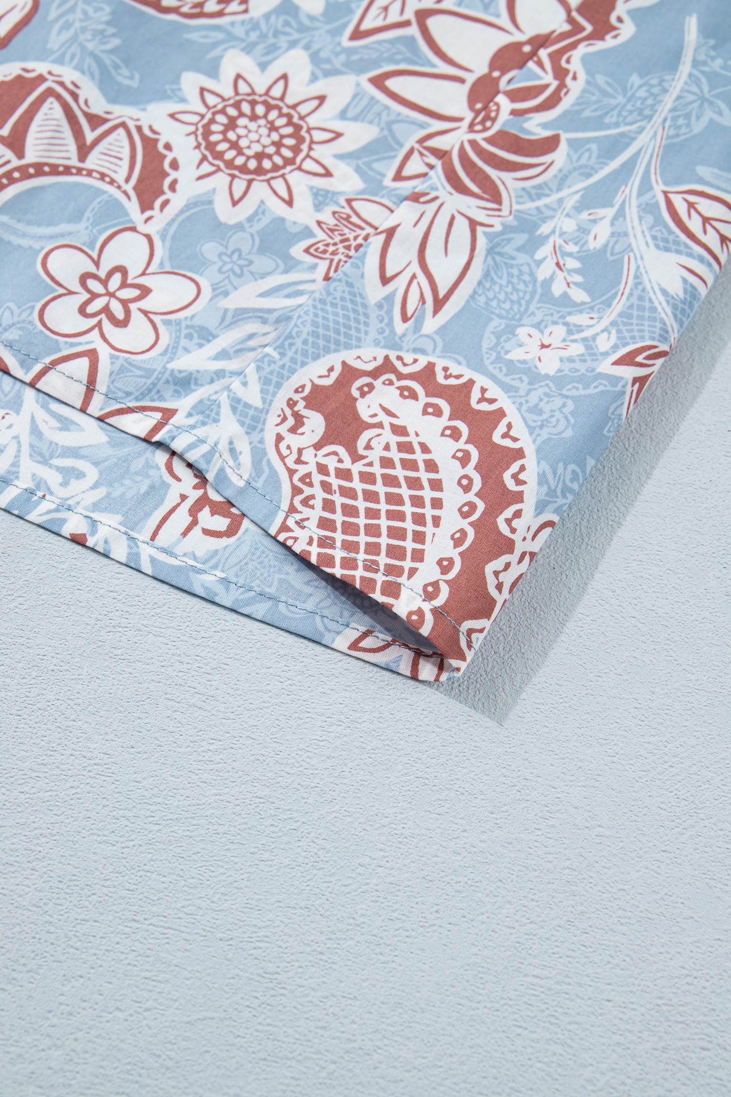 Women's Sky Blue Boho Floral Shirt – Scalloped Cotton Top - Detail View 7