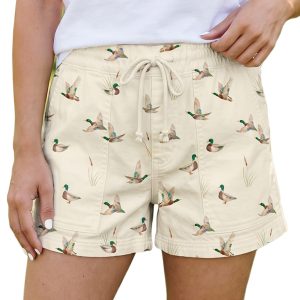 Women's Wild Duck Print Denim Shorts – Beige Mallard Patterned Drawstring Casual Shorts - Main View