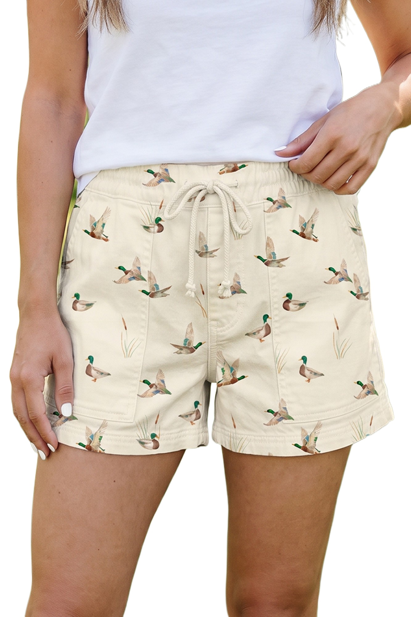 Women's Wild Duck Print Denim Shorts – Beige Mallard Patterned Drawstring Casual Shorts - Main View