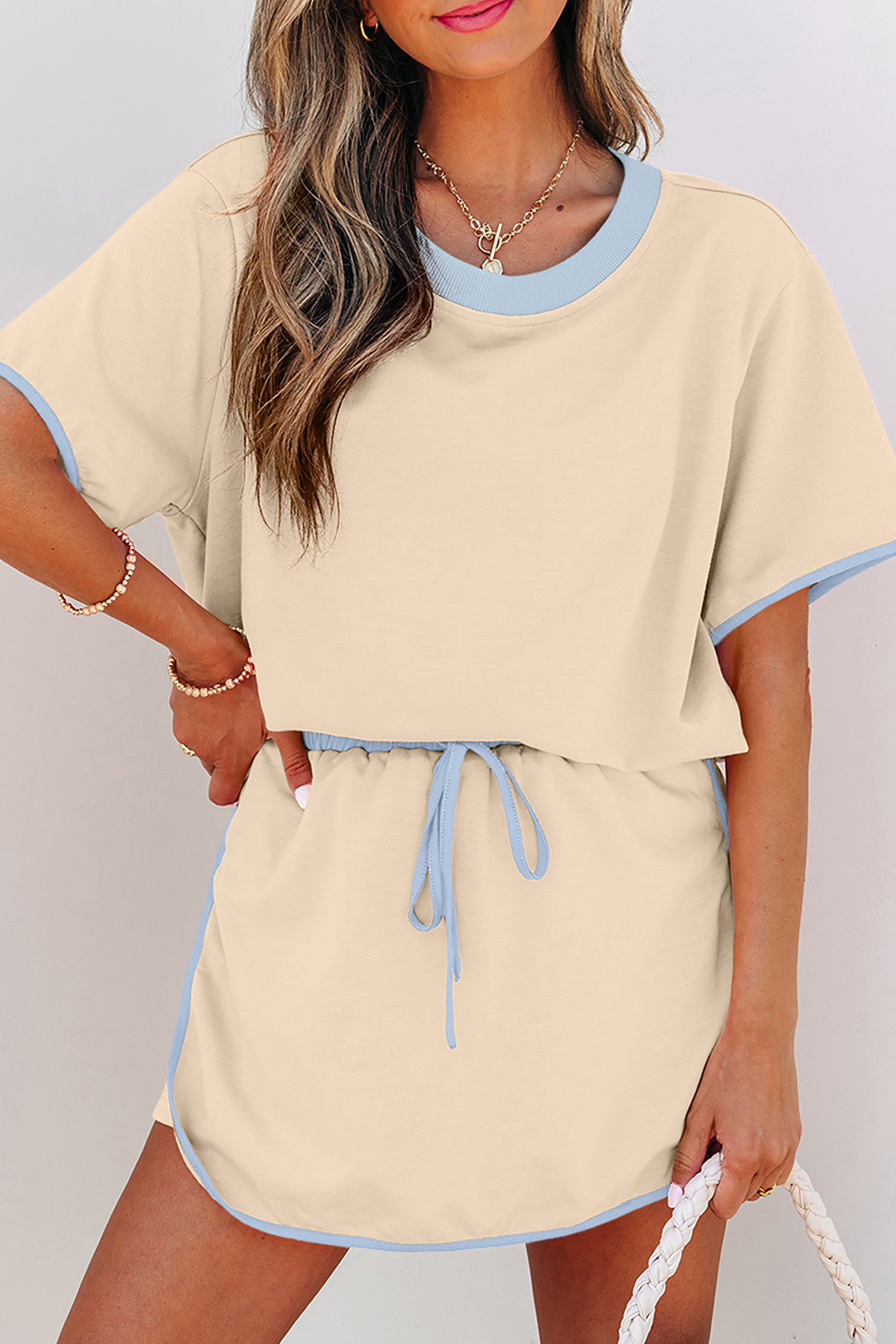 Contrast Trim Colorblock Women's Lounge Set – Short Sleeve Round Neck Tee and Skort - Detail View 5