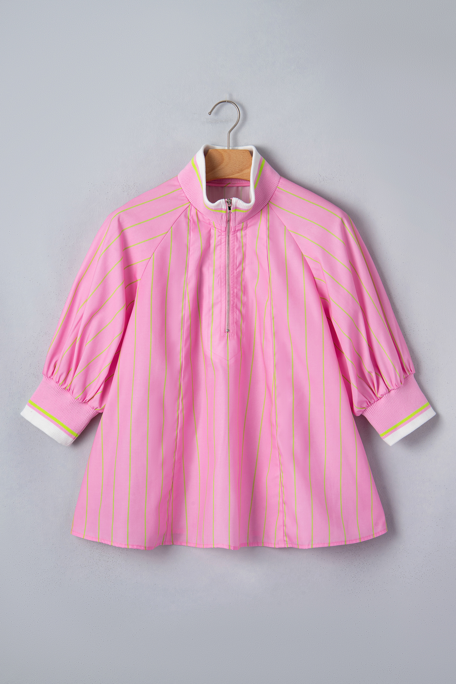 Chic Women's Pink Stripe V-Neck Top – Half Sleeve Zipper Blouse, Stylish Gift for Her - Detail View 6