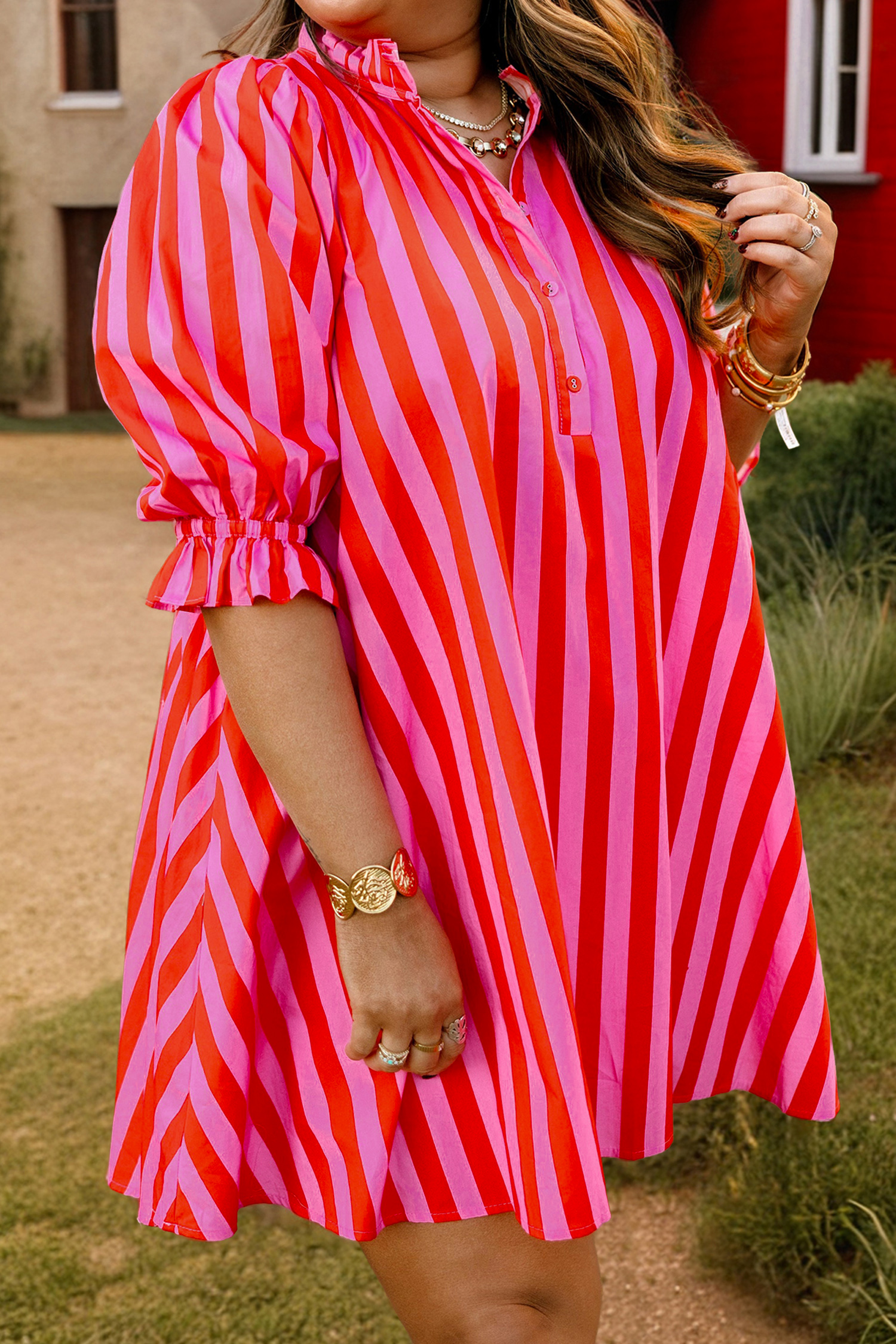 Chic Rose Stripe Women's Summer Dress – Breezy Short Sleeve Cotton Blend Mini Dress for Gifting - Detail View 3