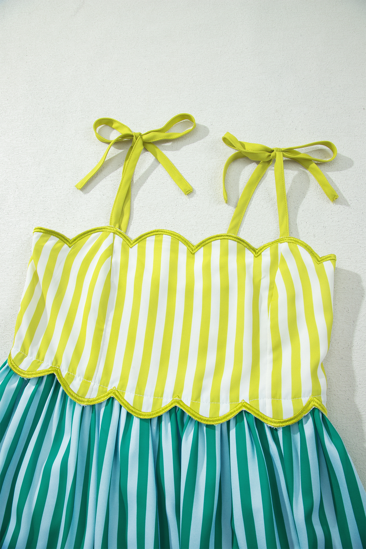 Women's Tie Strap A-Line Dress – Casual Green Stripe Midi - Detail View 8