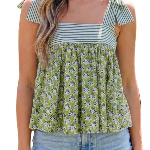 Women's Green Floral Flowy Tank Top – Sleeveless Knot Strap Summer Cami for Daily Wear - Main View