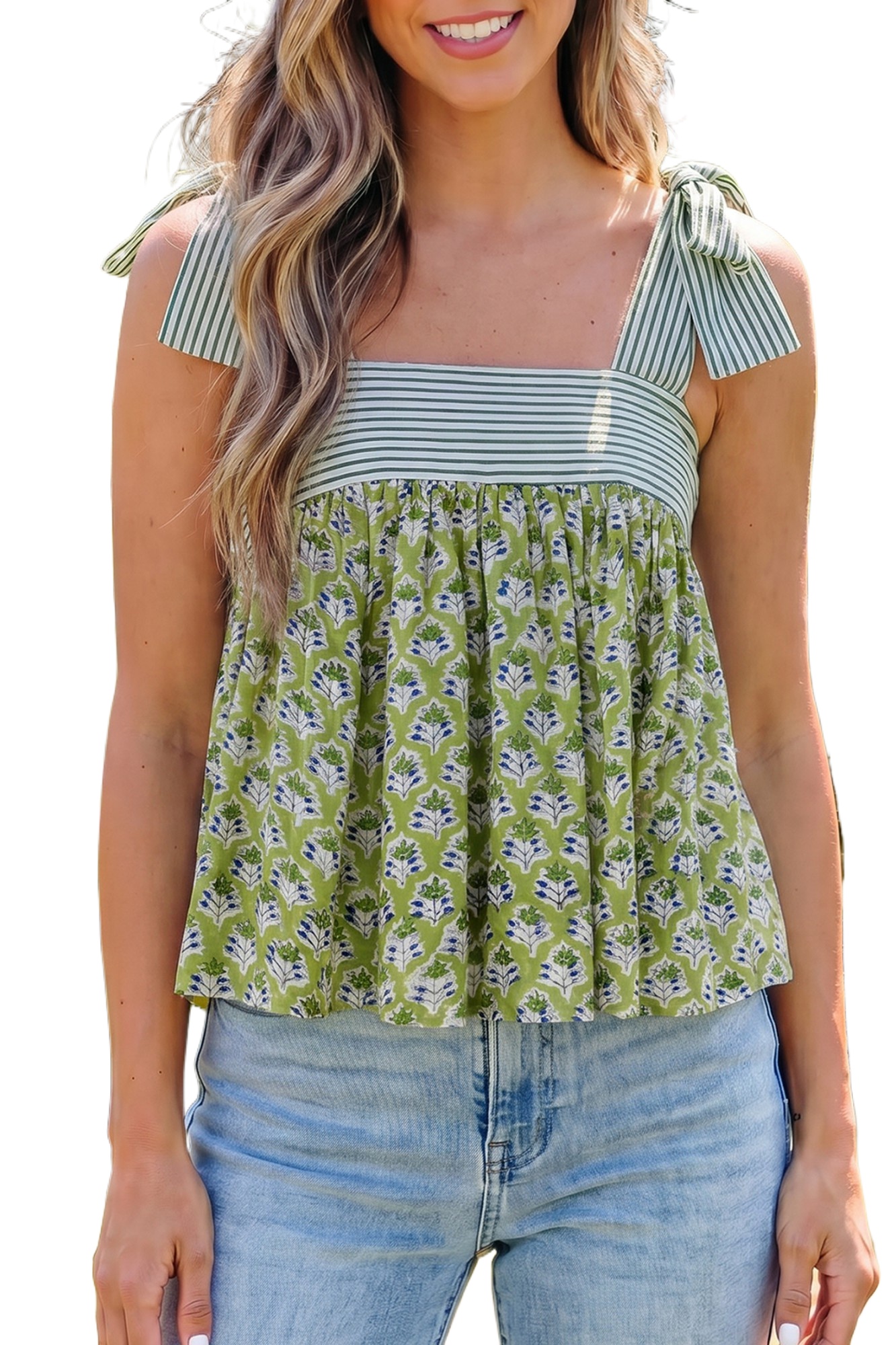 Women's Green Floral Flowy Tank Top – Sleeveless Knot Strap Summer Cami for Daily Wear - Main View