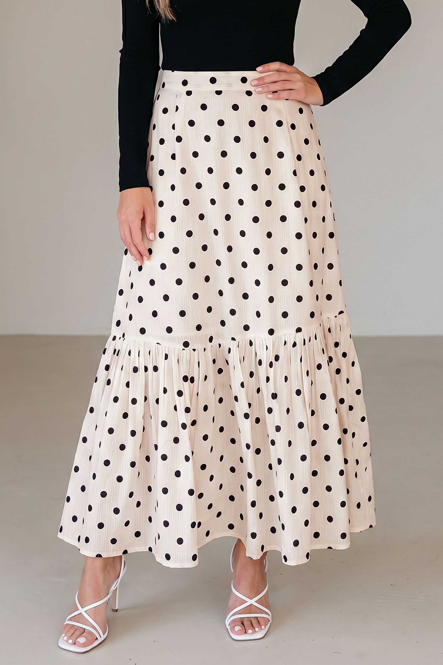 Chic White Polka Dot Long Skirt for Women – High Waist Split Detail, Vacation & Beach Ready - Detail View 2