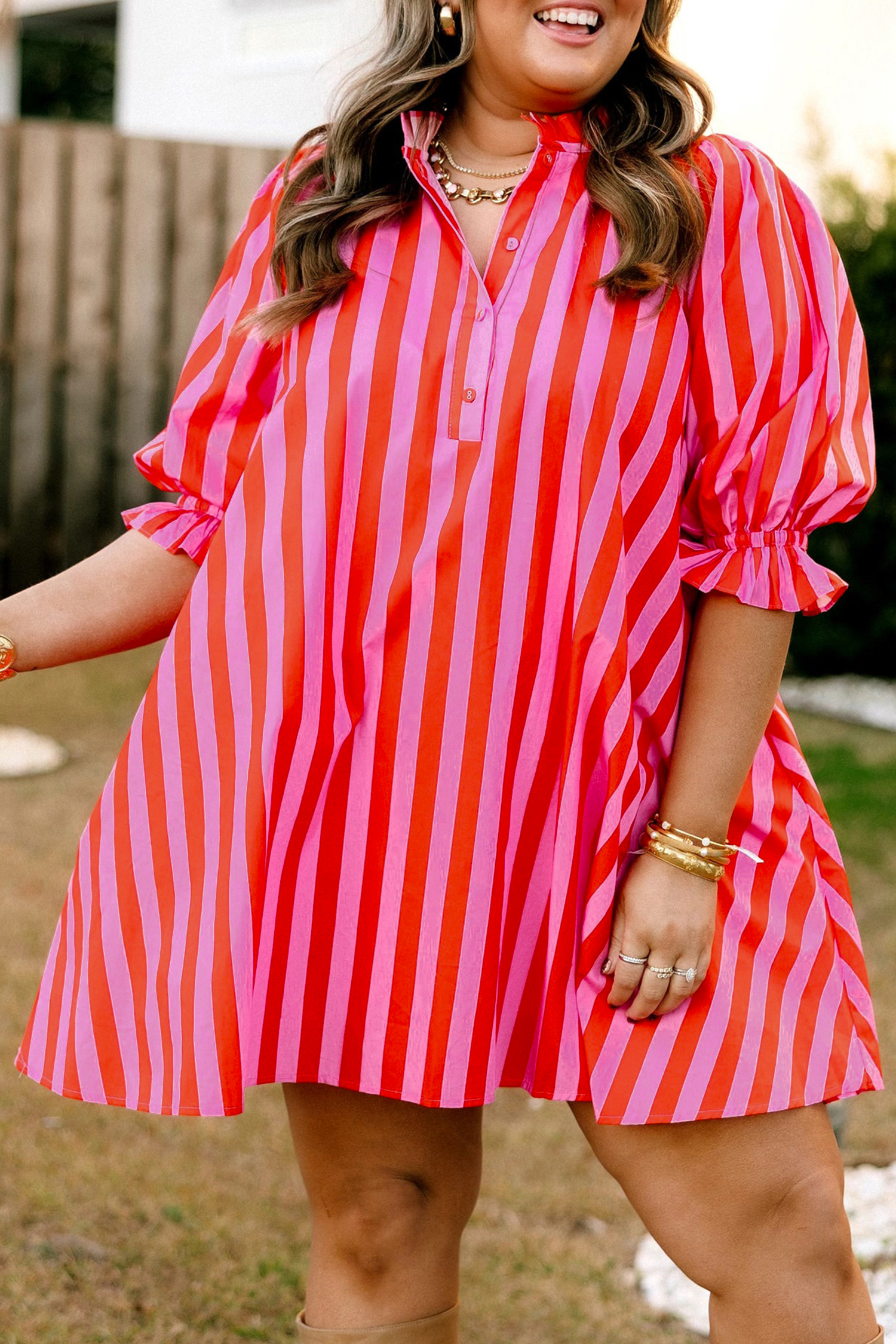 Chic Rose Stripe Women's Summer Dress – Breezy Short Sleeve Cotton Blend Mini Dress for Gifting - Detail View 6