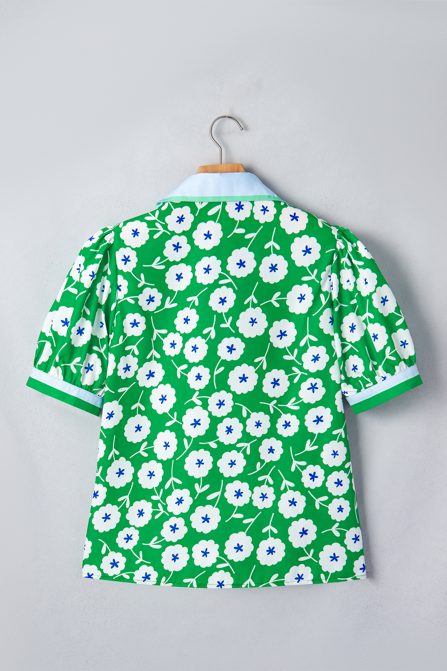Southern Belle Floral Short Sleeve Shirt for Women – Green V-Neck Vacation Blouse with Contrast Collar - Detail View 5