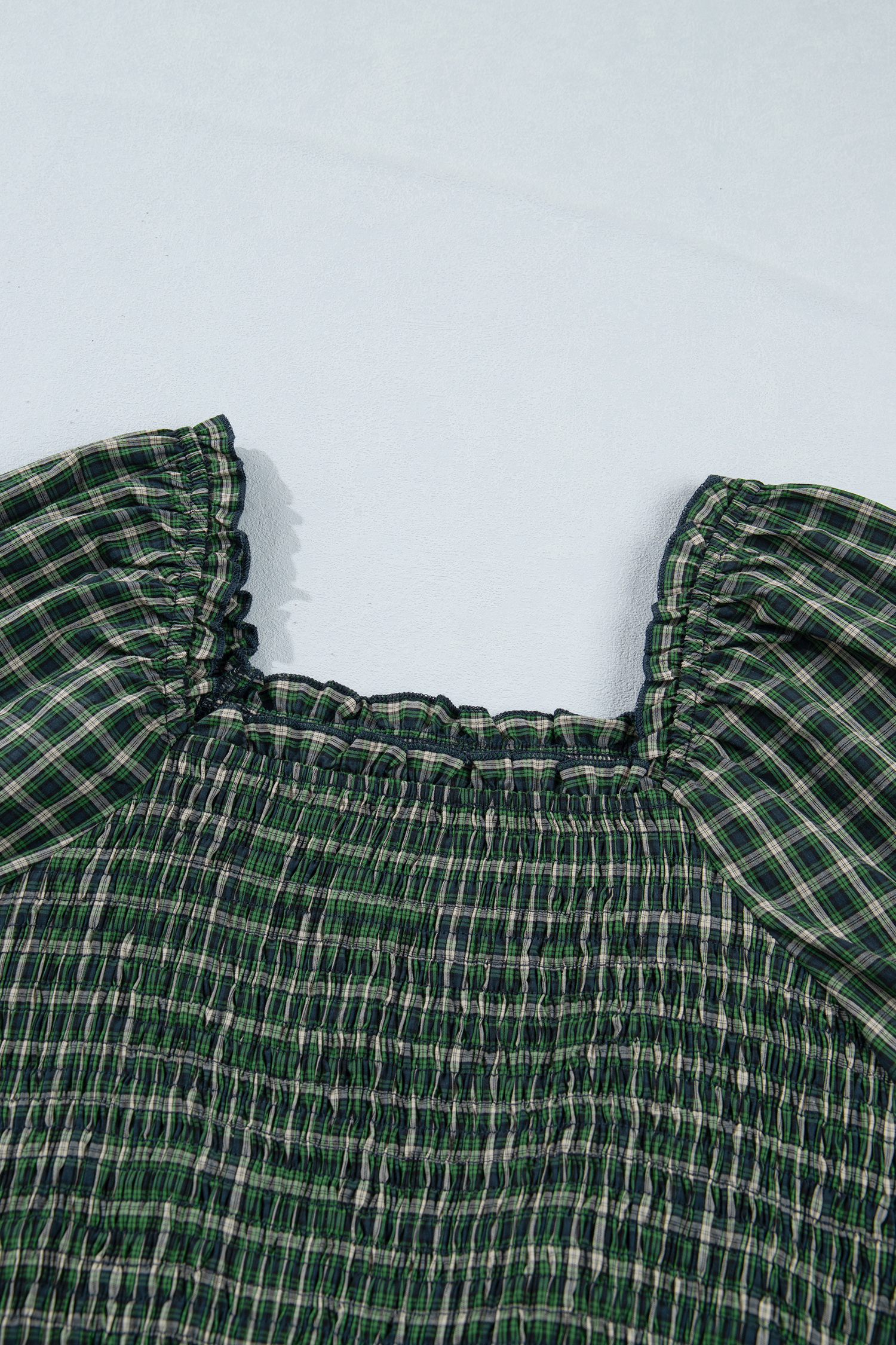Women's Green Plaid Smocked Dress – Casual Square Neck Maxi - Detail View 7