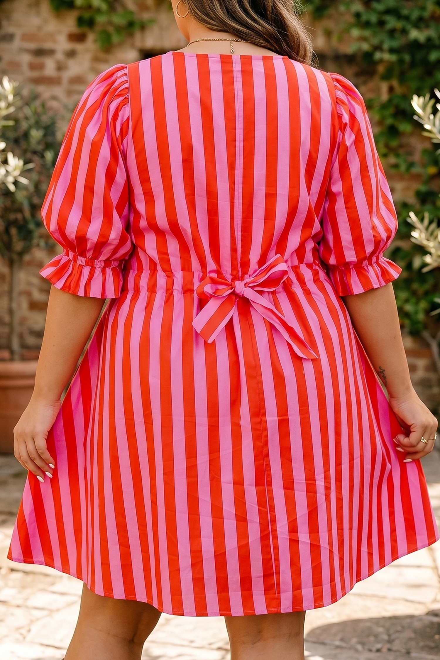 Striped Frilled Collar Women's Mini Dress – Button Neck Short Sleeve High Waist Casual Dress - Detail View 2