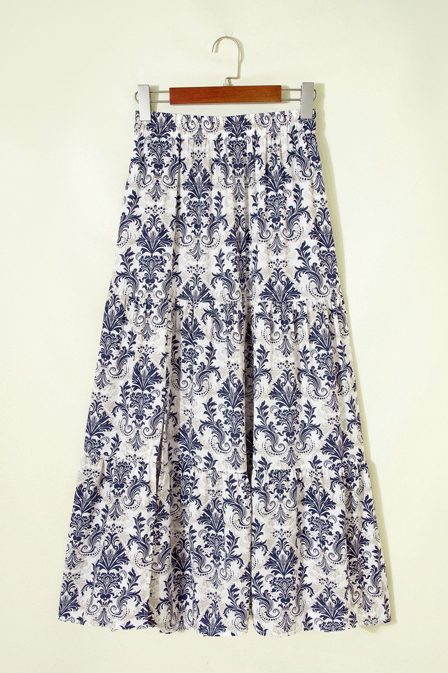Chic Women's Tiered Maxi Skirt – Blue Boho Floral High Waist Summer Skirt, Thoughtful Gift for Her - Detail View 3