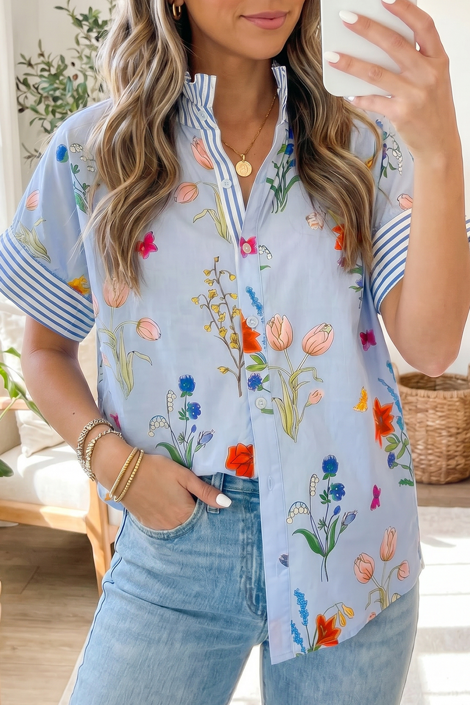Women's Sky Blue Floral Print Shirt – Casual Short Sleeve Button-Up Top for Summer Days - Detail View 2